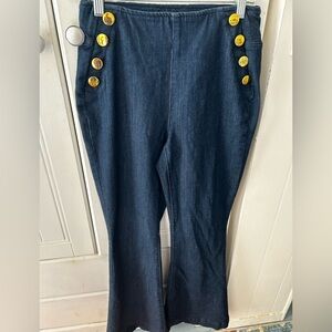 EUC INC DESIGN Gold Button Dark Blue Jeans Pull-On Flare Wide Leg 🌟TRENDY!